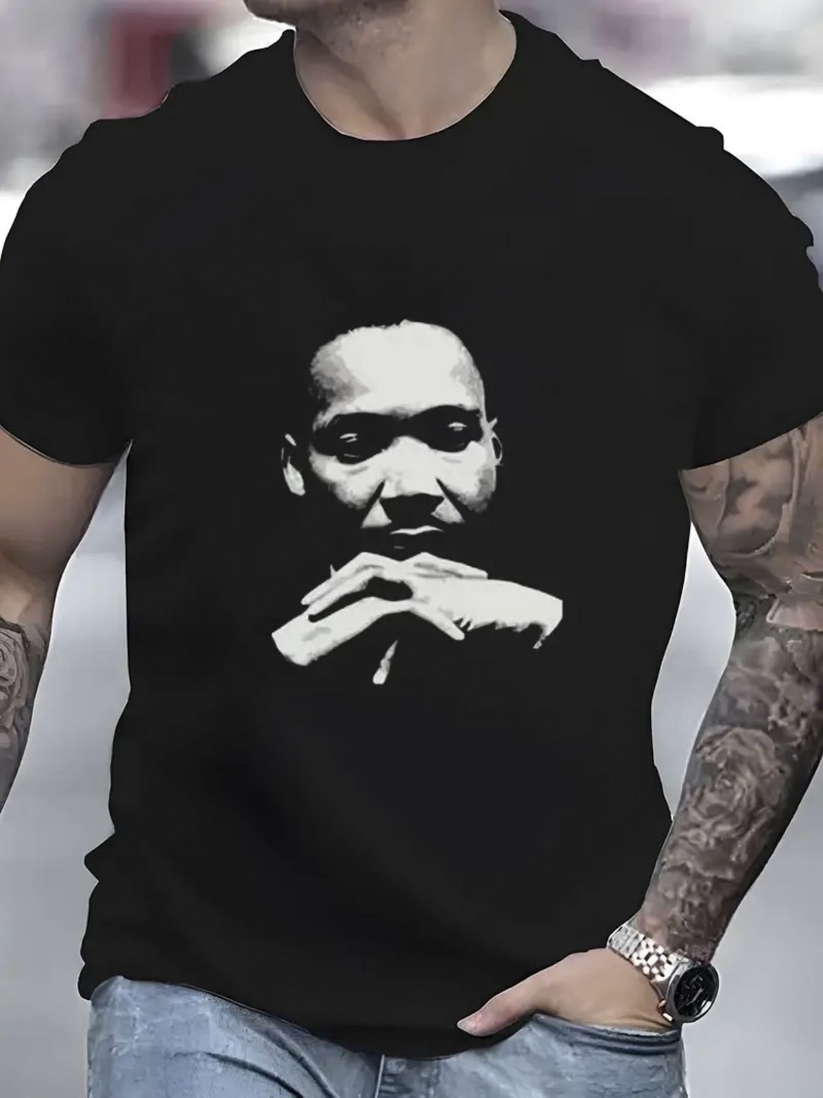 1pc Men’s 100% Cotton Graphic T-Shirt – Black & White Movie Portrait Print, Casu