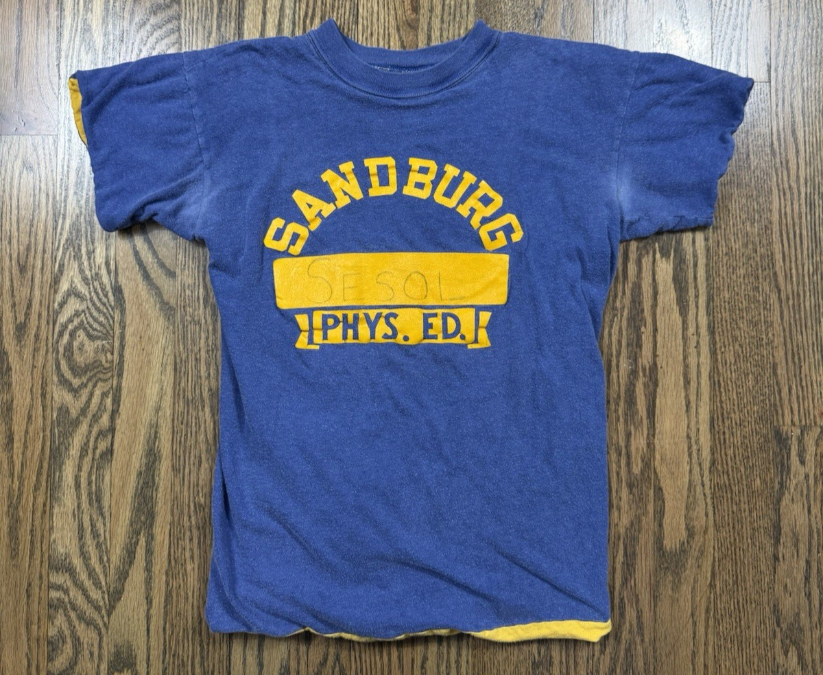 Vintage 60s 70s Sandburg High School Phys. Ed. Blue/ Yellow T Shirt Size Medium gallery