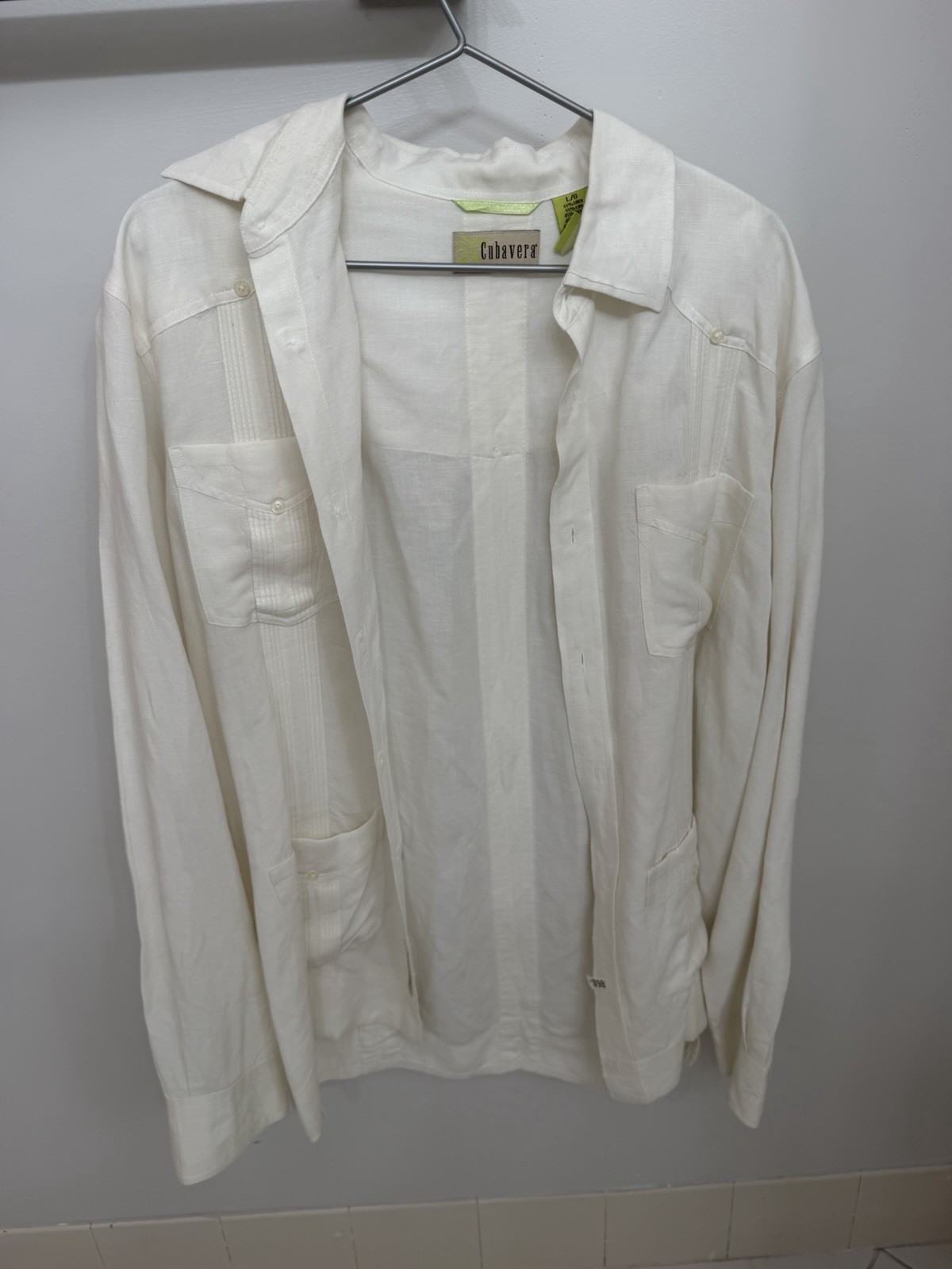 Mens Cubavera Sz L Beige Linen Blend Caribbean Button Up Shirt Great Details VGC