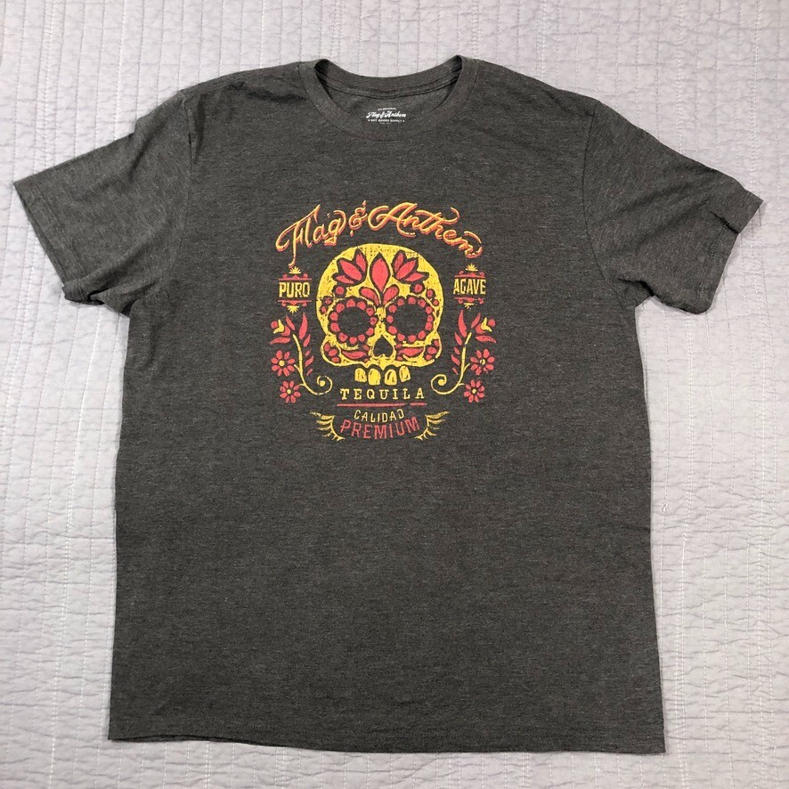 Flag Anthem T Shirt Men Large Gray Tequila Skull Graphic Day Dead Halloween