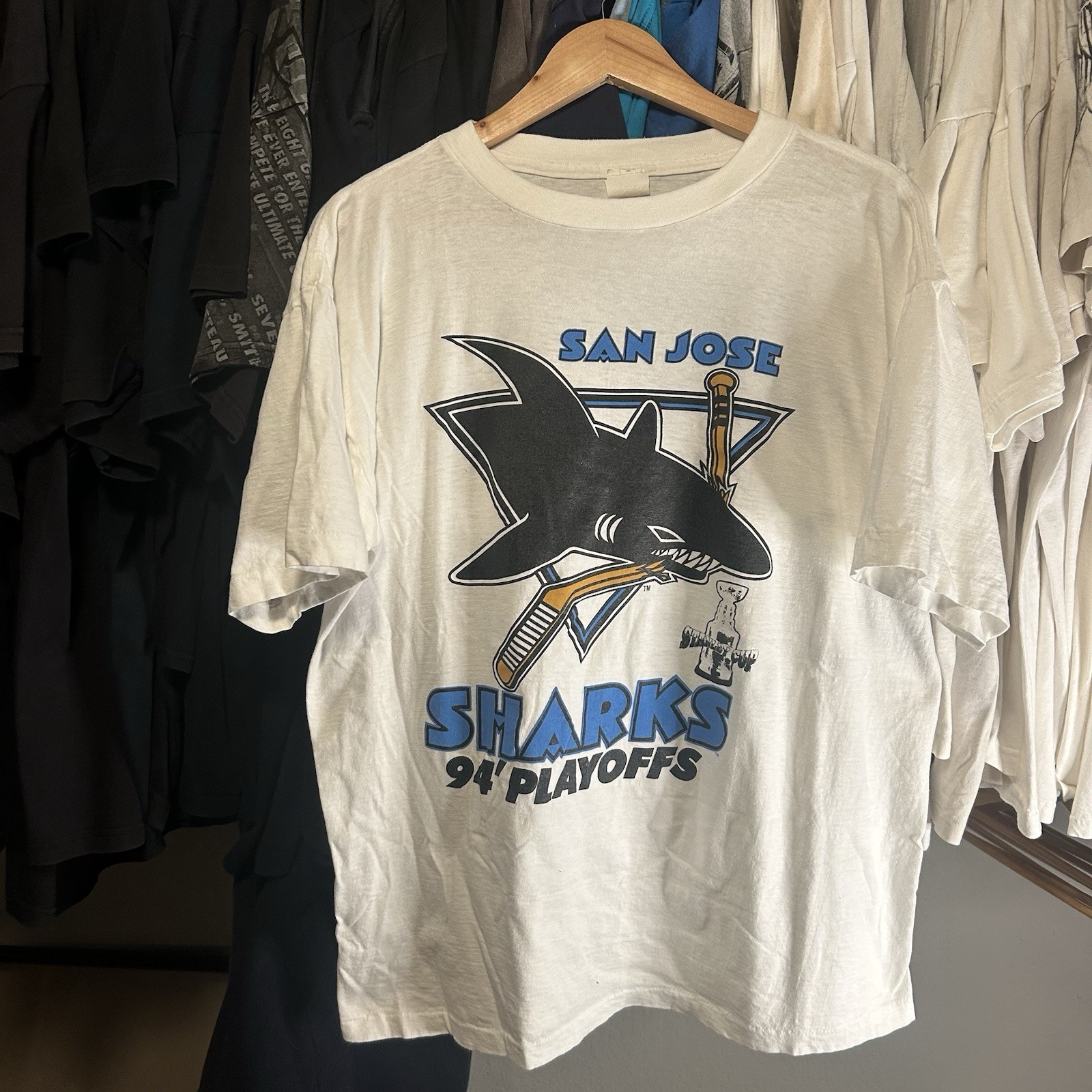 Vintage 94’ San Jose Sharks NHL Playoff Shirt Size XL Rare Graphic Single Stitch