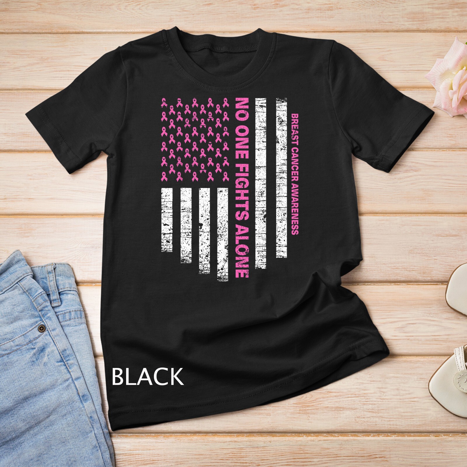 No One Fights Alone USA Flag Breast Cancer Awareness Unisex T-shirt gallery