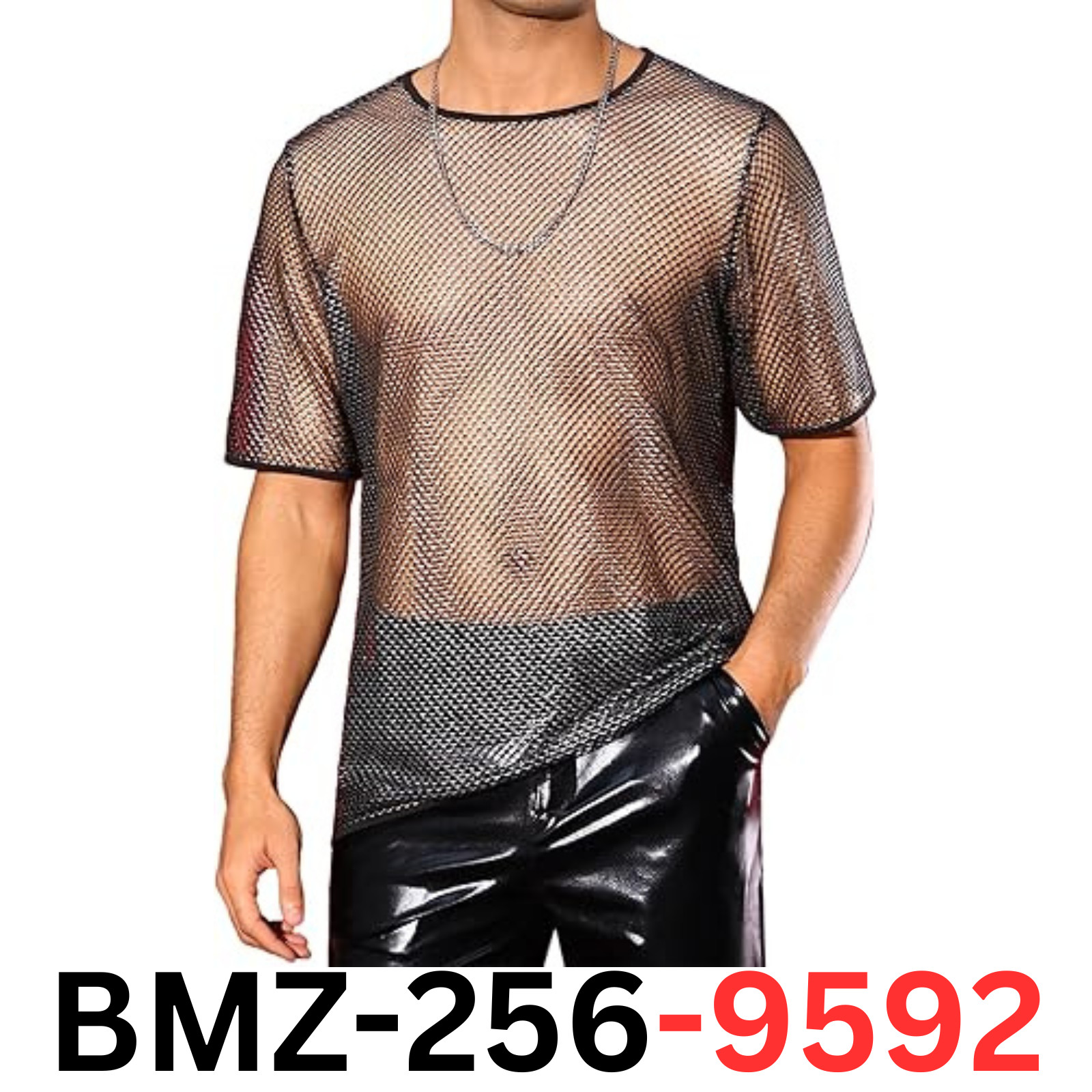 Lars Amadeus Silver Black Mesh Fishnet Shirt for Men’s See Through T-Shirt, XL