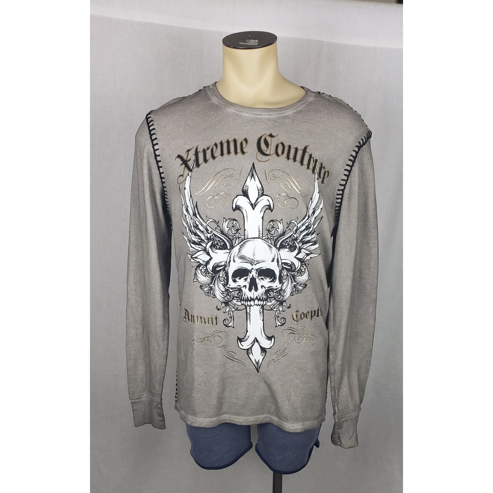 Xtreme Couture Skull Cross Thermal Shirt Mens L Gray Graphic Print Casual Y2K gallery