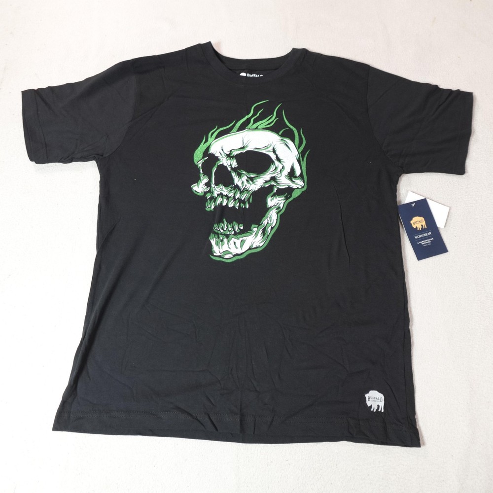 Skull Shirt Mens Large Black Graphic Biker Flame Goth Biker Buffalo Outdoors