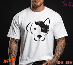 Dog and Cat Split Face T-Shirt – Minimalist Pet Lover Graphic Tee – Cute Dog Cat
