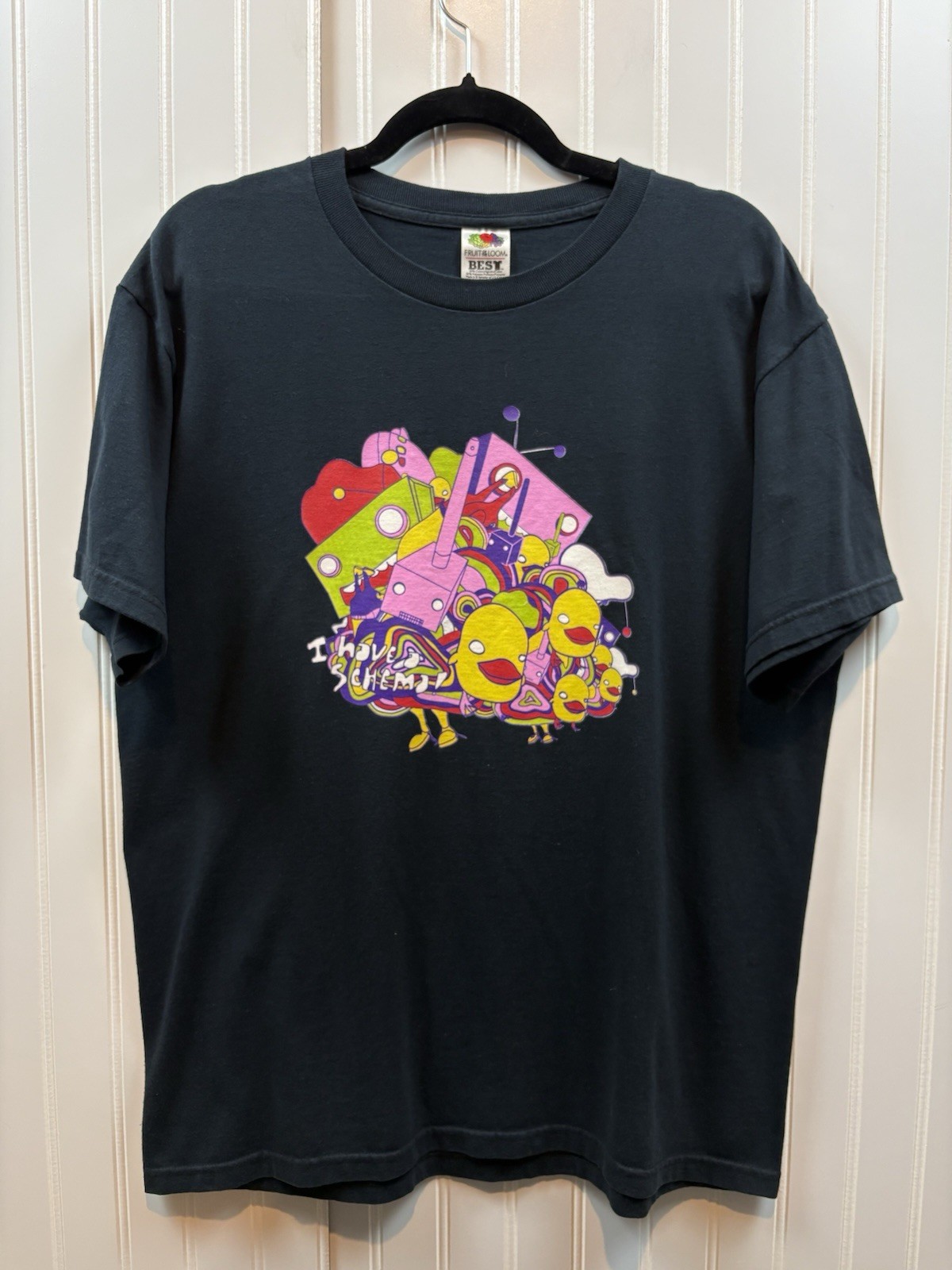 Vintage 2000s Pop Art T-shirt Size Large Black Colourful Ducks Robots Cartoon