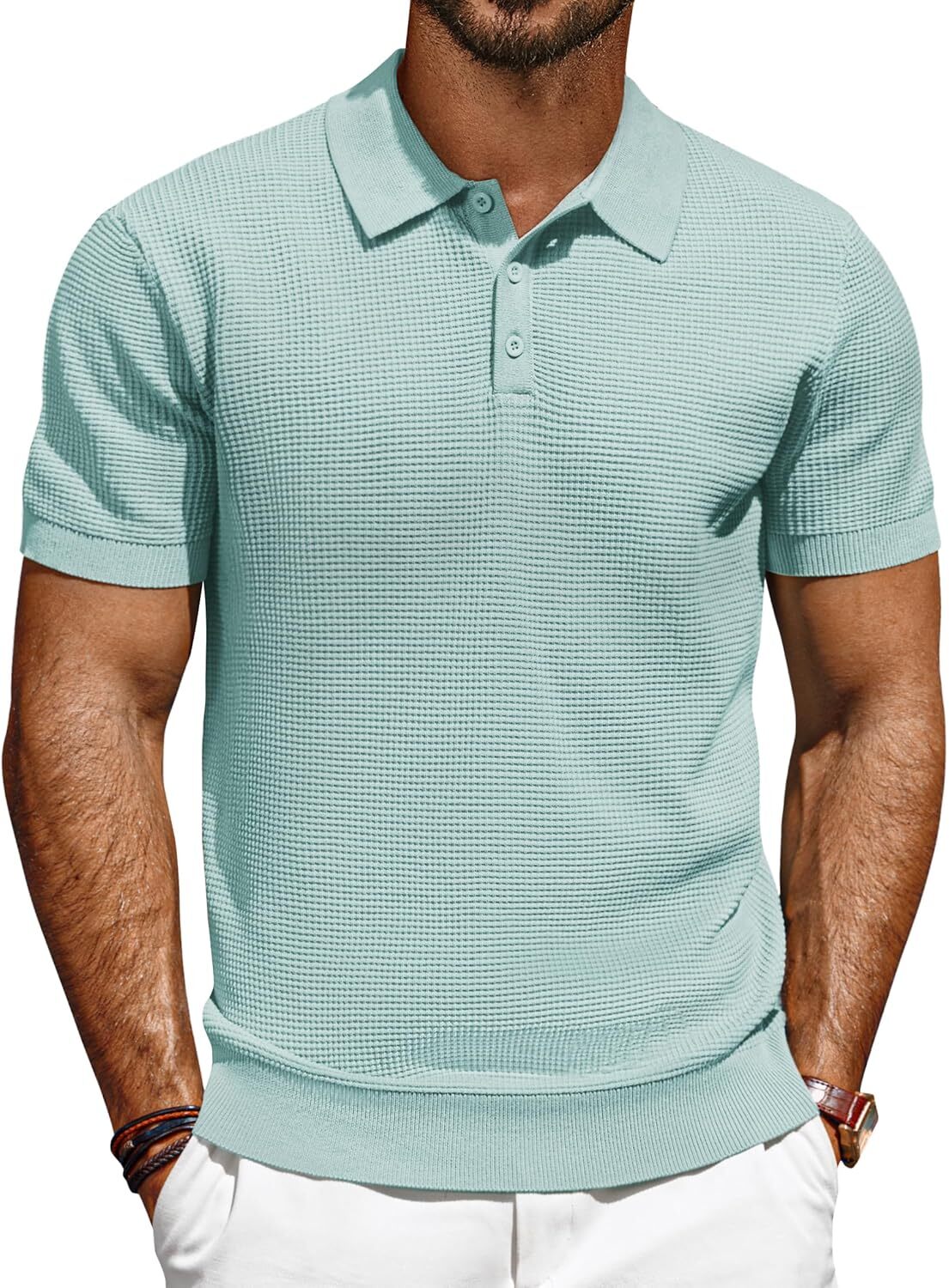 Men's Short Sleeve Polo Shirt Casual Golf Wear Lightweight Waffle Knit Fabric gallery