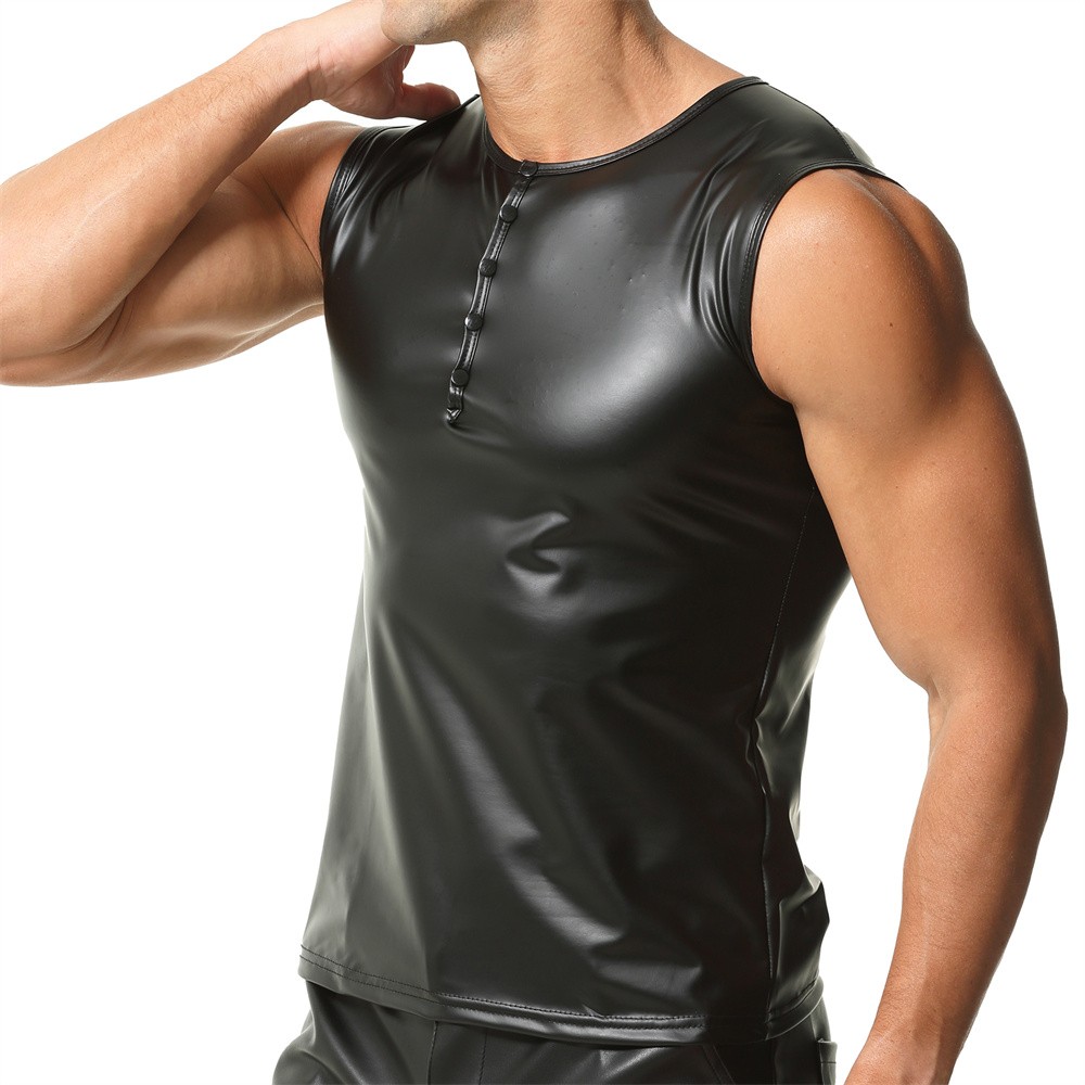 Mens Casual Sleeveless Vest Black Pvc Leather Slim Fit Tank Tops Fitness T-shirt gallery