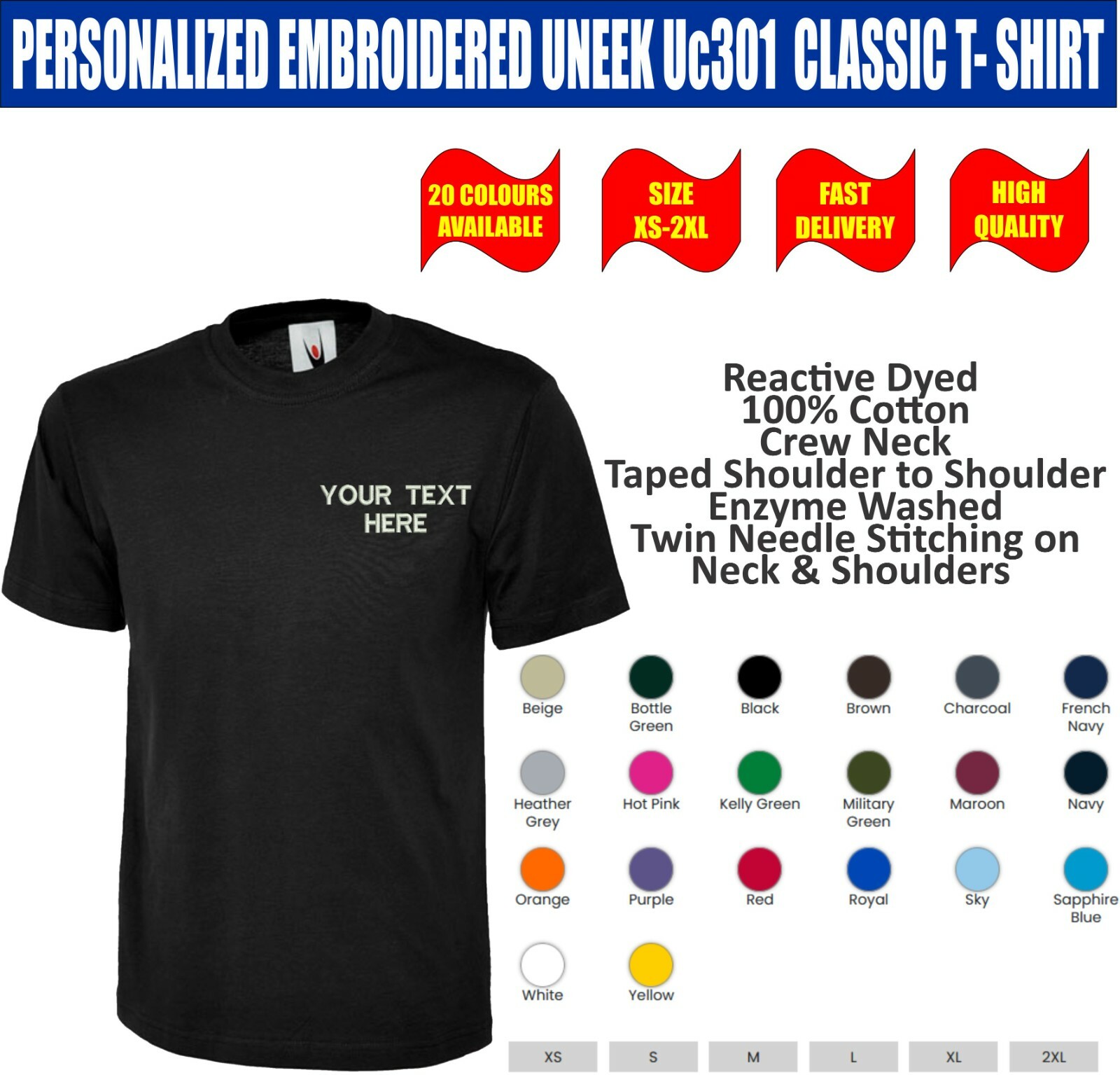 Personalised Embroidered Uneek UC301 Unisex Classic T-shirt Your Text Tee Top gallery