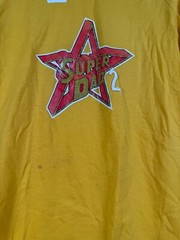 Vtg Bantam Mens V Neck Super Dad 2 Graphic Short Sleeve T Shirt Yellow M 18×27.5