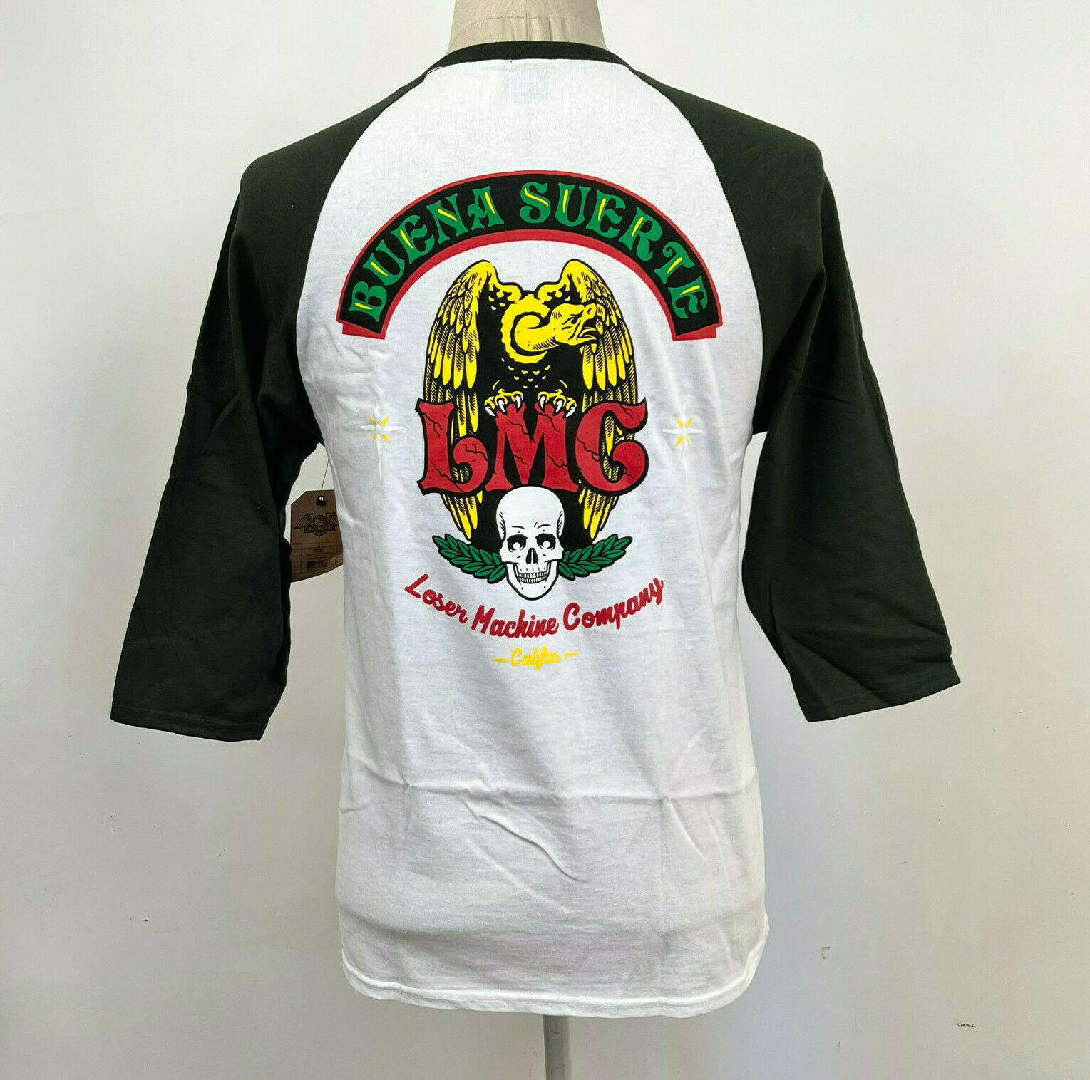 Loser Machine Men’s Baseball T-Shirt Buena Suerte White/Forest Green Size M NWT