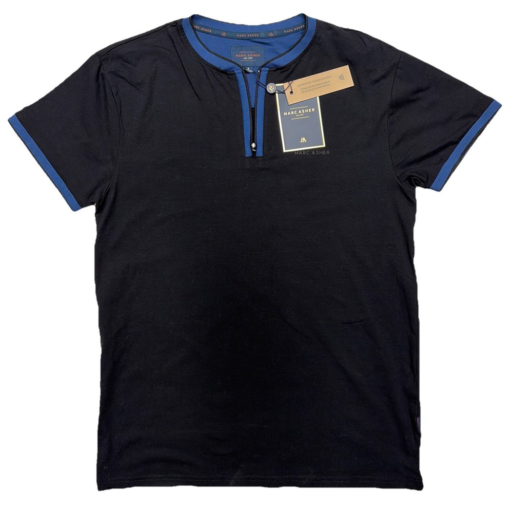 NWT Marc Asher Men’s Shirt Small Black Blue Short Sleeve Zipper