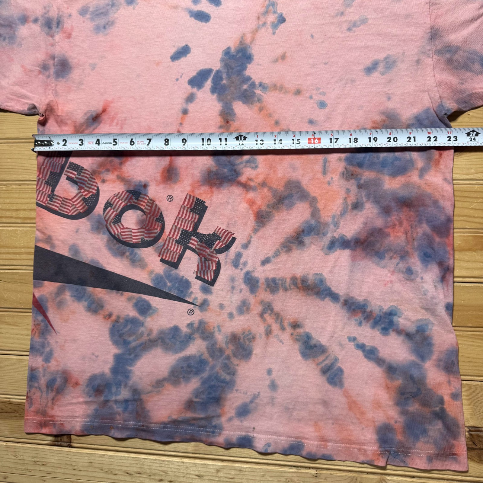 Vintage 90s Reebok American Flag Vector Logo Stars and Stripes Tie Dye Shirt XL gallery