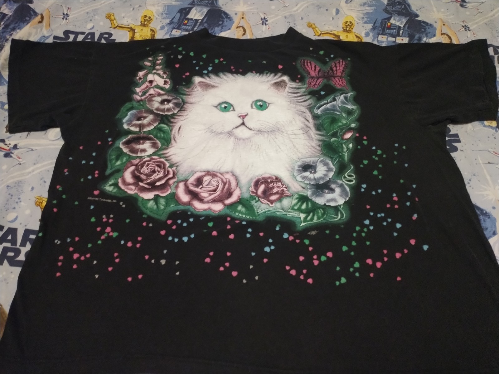Vintage Cat Heart All Over Print Hearts XLarge Single Stitch See Measurement Pic gallery