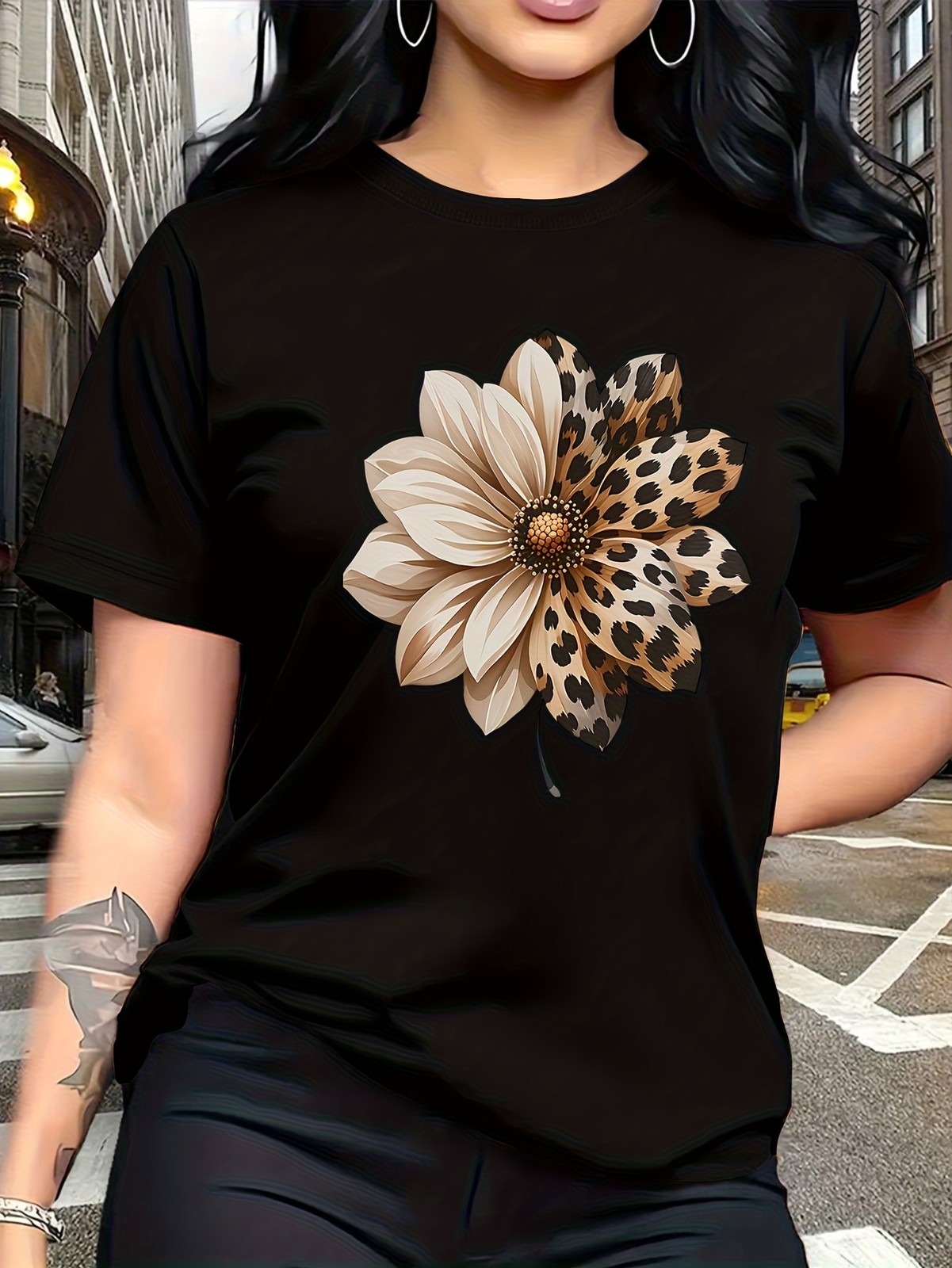 Leopard Print Floral Pattern Trendy Fashion, Simple Round Neck Casual Versatil