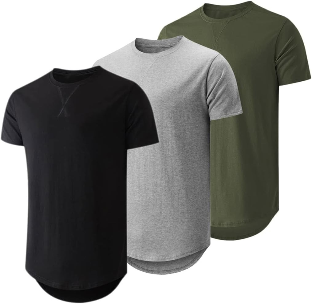 Mens 3 Pack Cotton Longline Crewneck T-Shirts Casual Hipster Fit Tee Set gallery