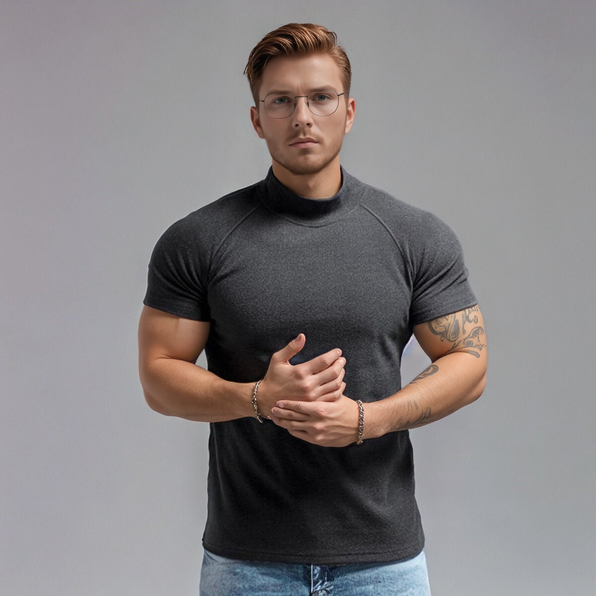 Men's Muscle Slim Fit T Shirt Streetwear Solid Colors Gym High Neck gallery