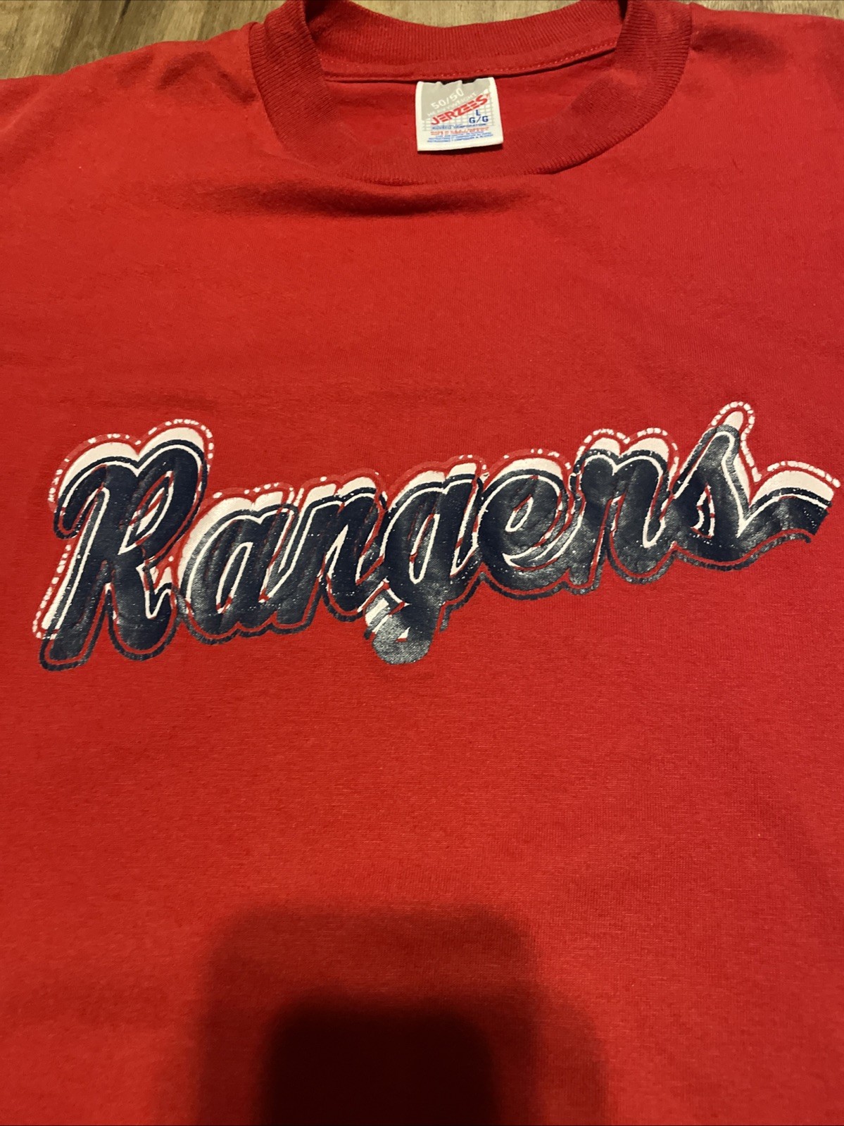 Vintage 90s Jerzees 50/50 Texas Rangers Large Red Shirt Made In USA Baseball MLB gallery