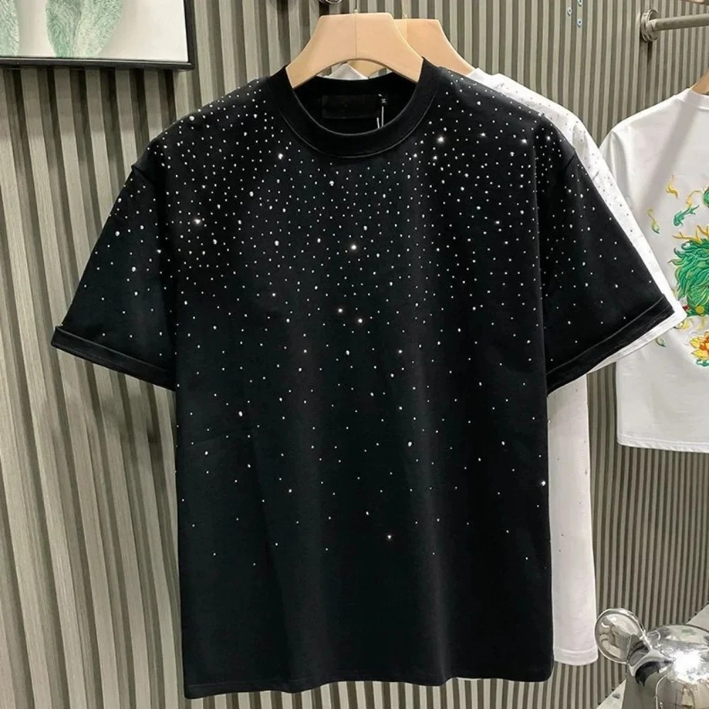 New Men Women Luxury Diamond Rhinestones Black White T-Shirt High Quality gallery