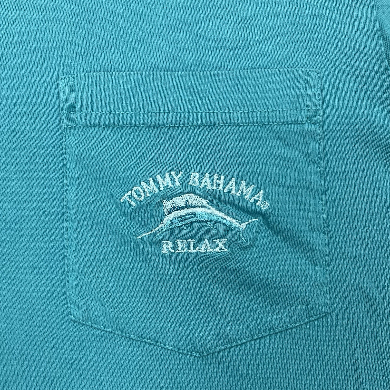 Tommy Bahama T Shirt Mens Medium Relax Pocket Tee Cotton Teal Blue Marlin Logo gallery