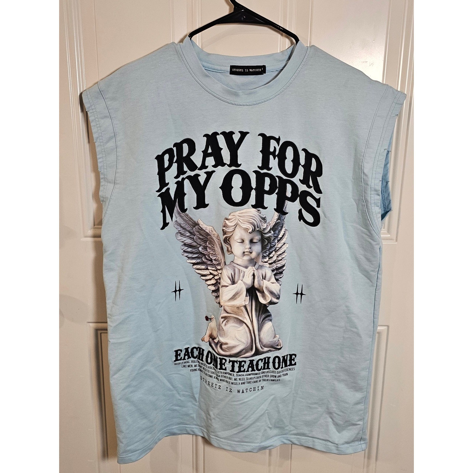 Streetz Iz Watchin Pray For My Opps Angel Muscle Tee Light Blue Small gallery