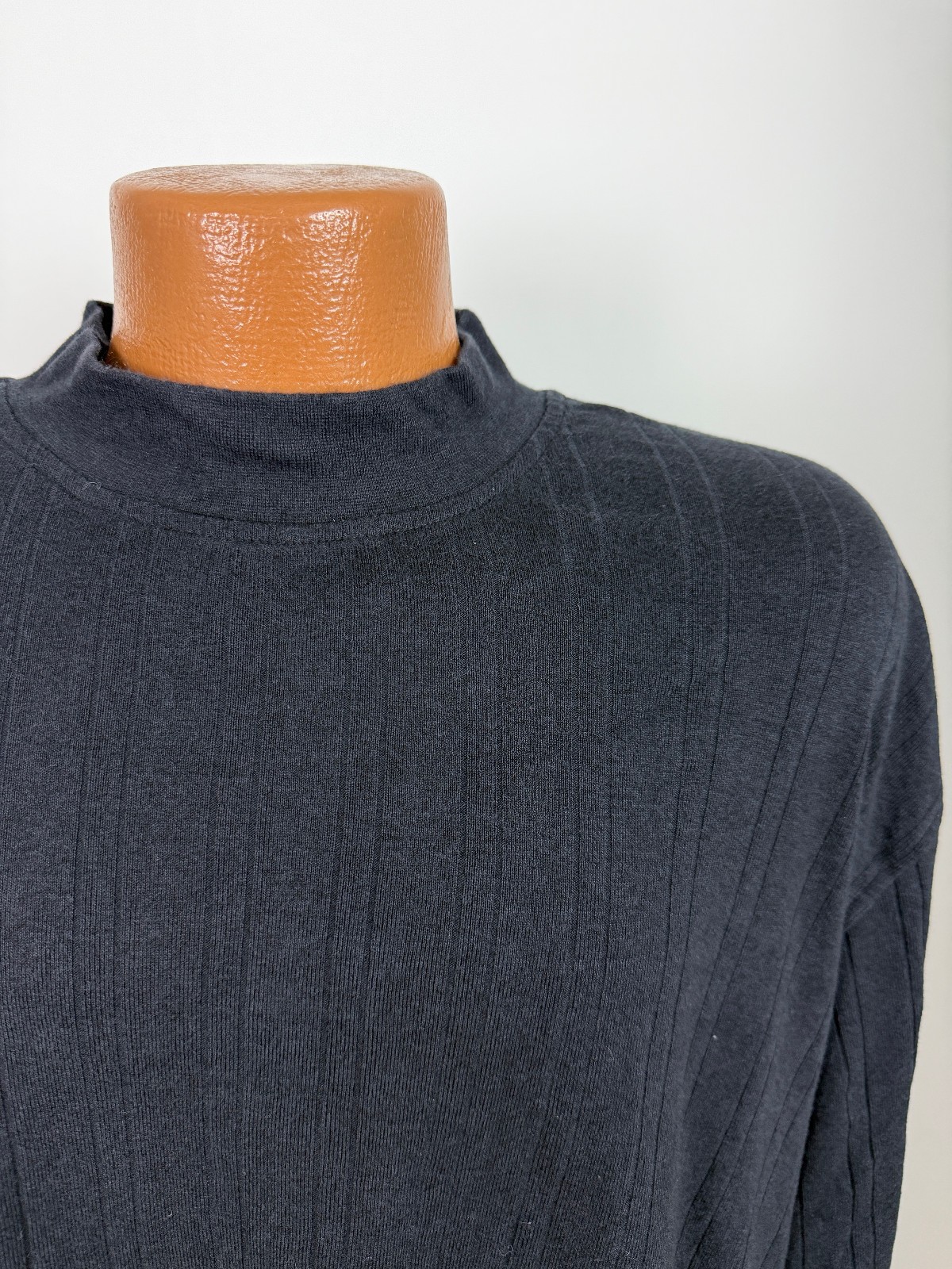 Vintage Ribbed Mock Neck Shirt Men XL Stretchy Minimal Preppy Black Rayon Cotton