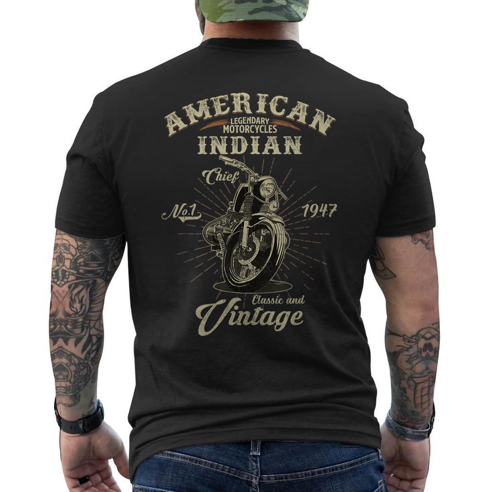 Retro American Motorcycle Indian For Old Biker Vintage Gift ON BACK T-Shirt gallery