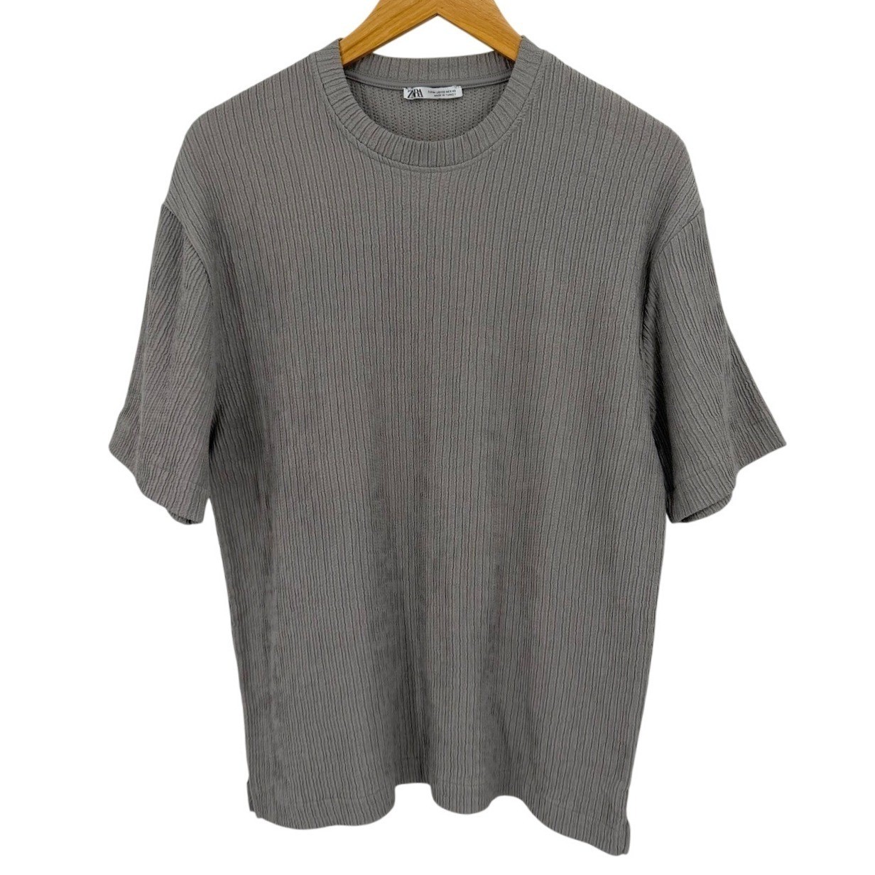 Zara Mens Medium Textured Crepe Ribbed Knit Short Sleeve Shirt Gray Relaxed Fit gallery