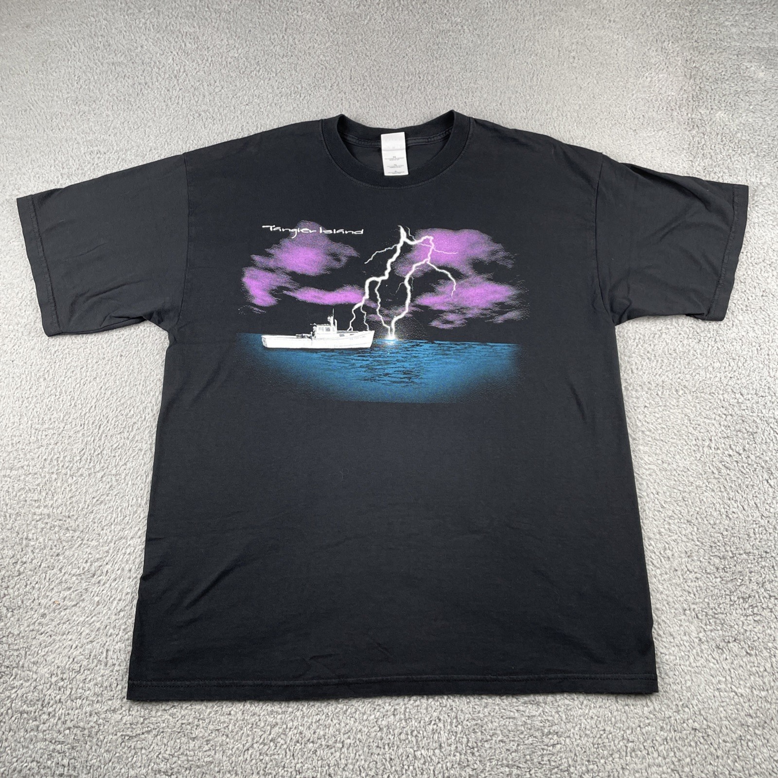 Vtg Gildan Black XL Tangier Island Virginia Lightning Boat Graphic East Coast gallery