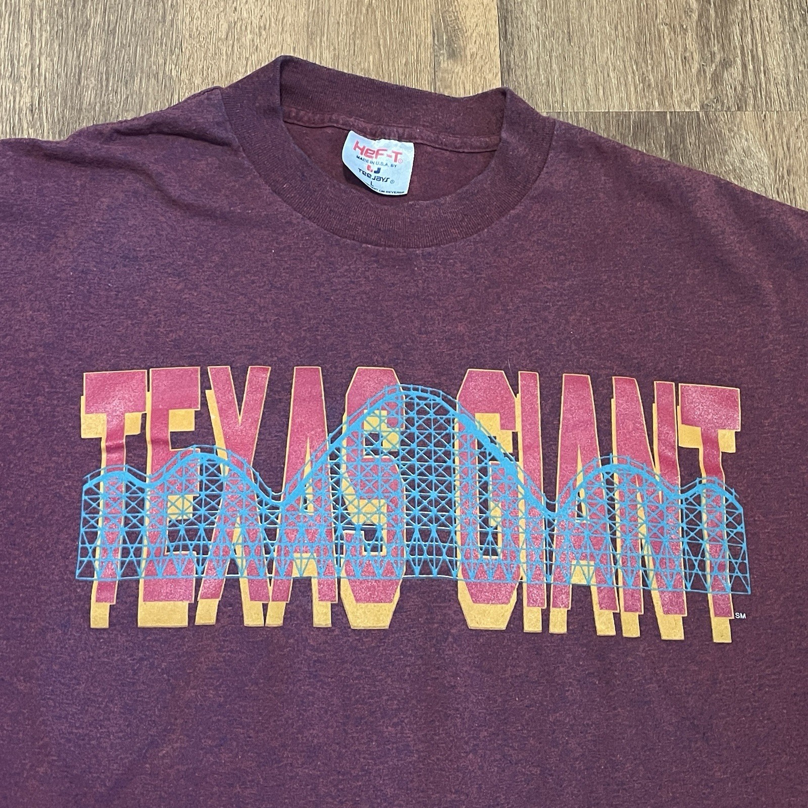 Vintage Hef-T Teejays Large Texas Giant Rollercoaster T-Shirt Burgundy Graphic gallery