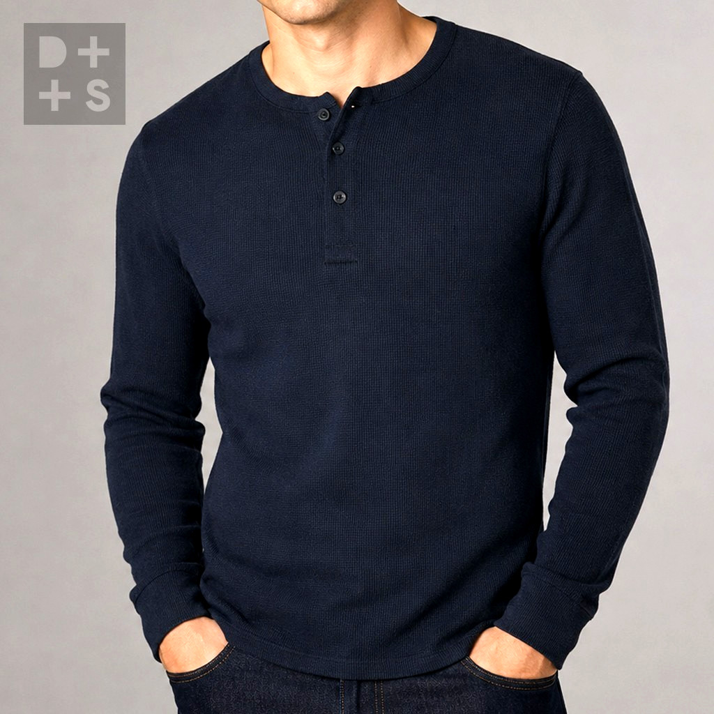 NWT Men ONIA Henley Waffle Textured Knit Long Deep Navy Polo Shirt Medium
