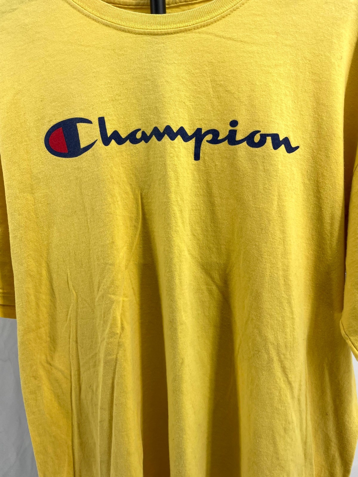 Champion T-Shirt Mens 1XL Yellow Spellout Logo Cotton Drop Shoulder Casual Wear gallery