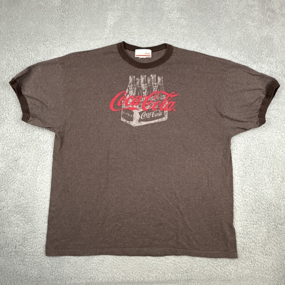 Coca Cola Ringer t-shirt BROWN Red Logo Men’s SZ XXL 2X Bottles Retro COKE SODA