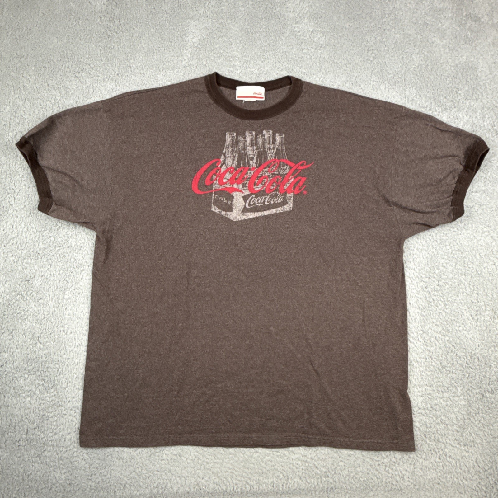 Coca Cola Ringer t-shirt BROWN Red Logo Men’s SZ XXL 2X Bottles Retro COKE SODA