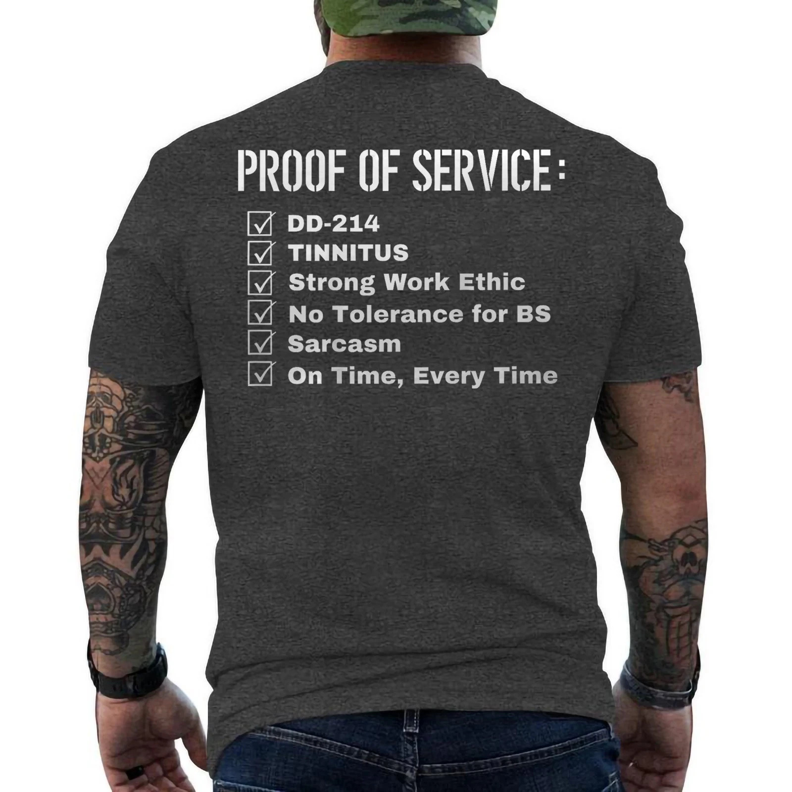 Proof Of Service DD-214 Tinnitus Strong Work Ethic Sarcasm ON BACK T-Shirt gallery