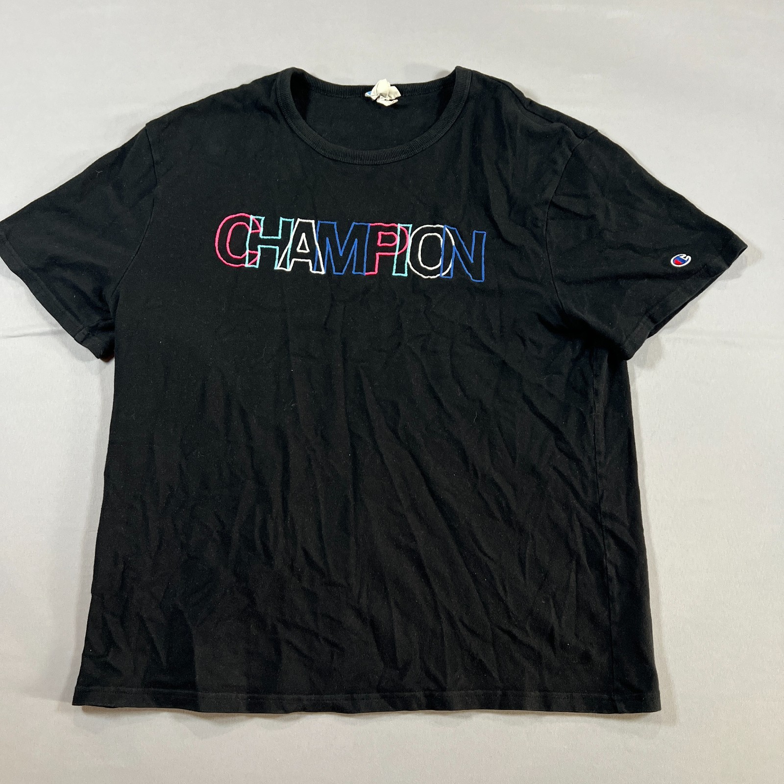 Champion T Shirt Mens L Black Embroidered Logo Cotton Ribbed Crew Neck Pullover