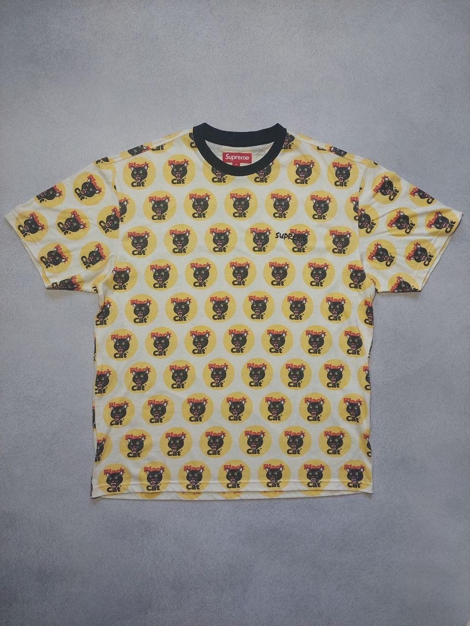 Supreme Ringer Crew Neck T Shirt Yellow Black Cat Fireworks Logo S/S Top M SS24 gallery