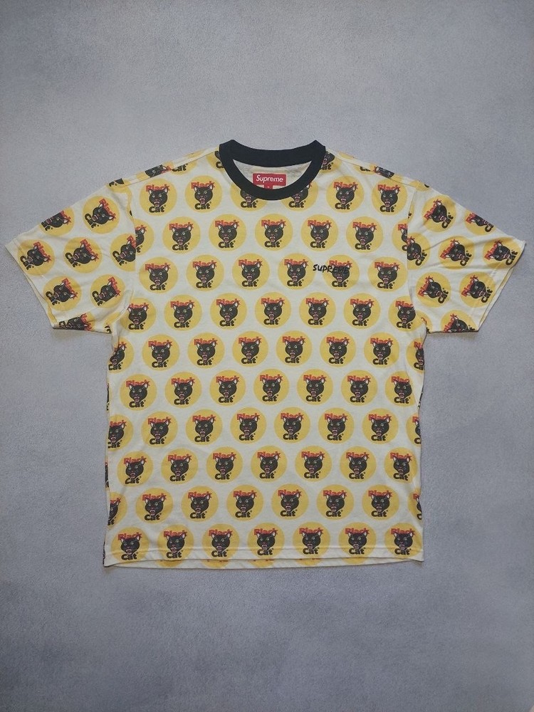 Supreme Ringer Crew Neck T Shirt Yellow Black Cat Fireworks Logo S/S Top M SS24