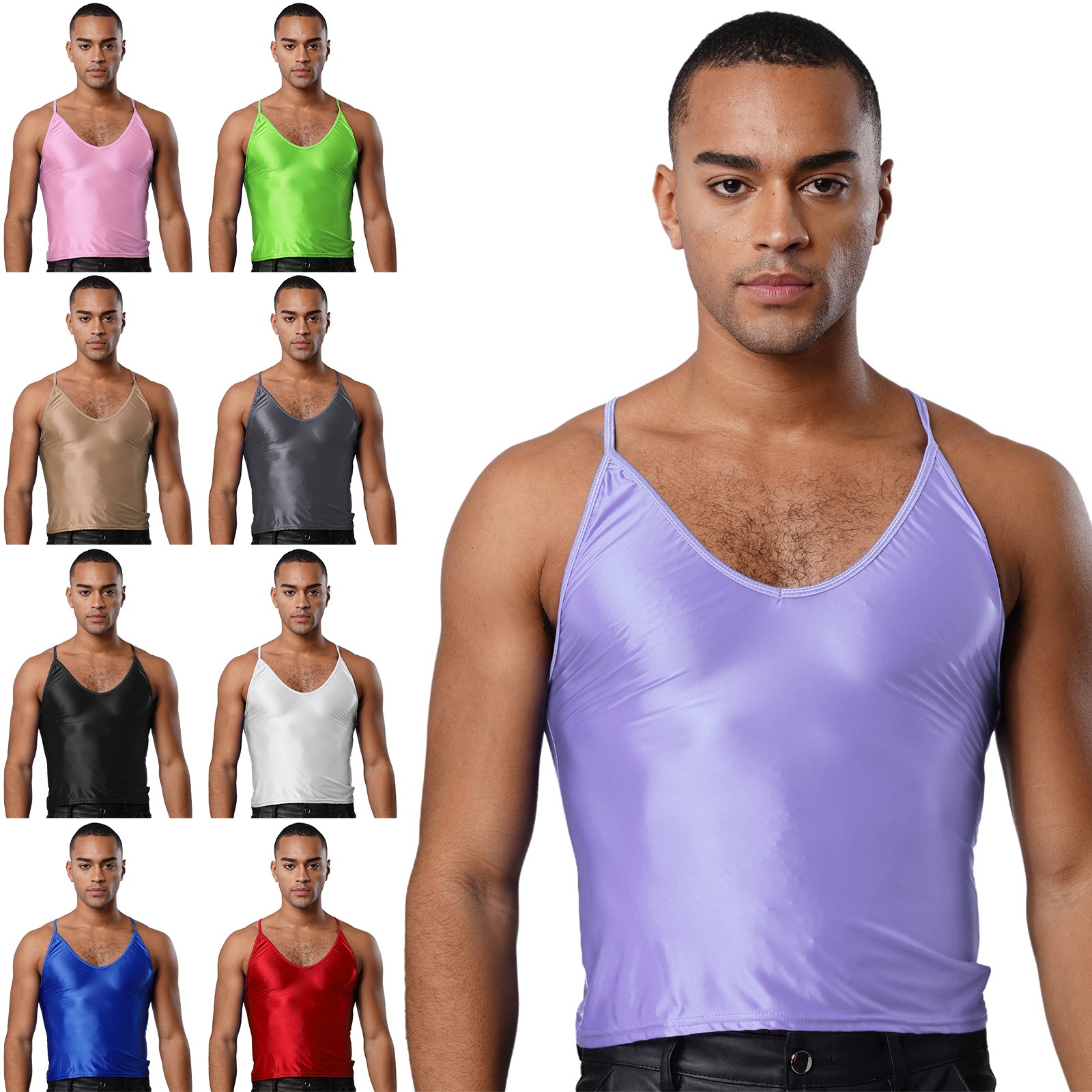 Mens Sling Crop Top Vest Glossy Sleeveless Camisole Bodybuilding Sports Clubwear gallery
