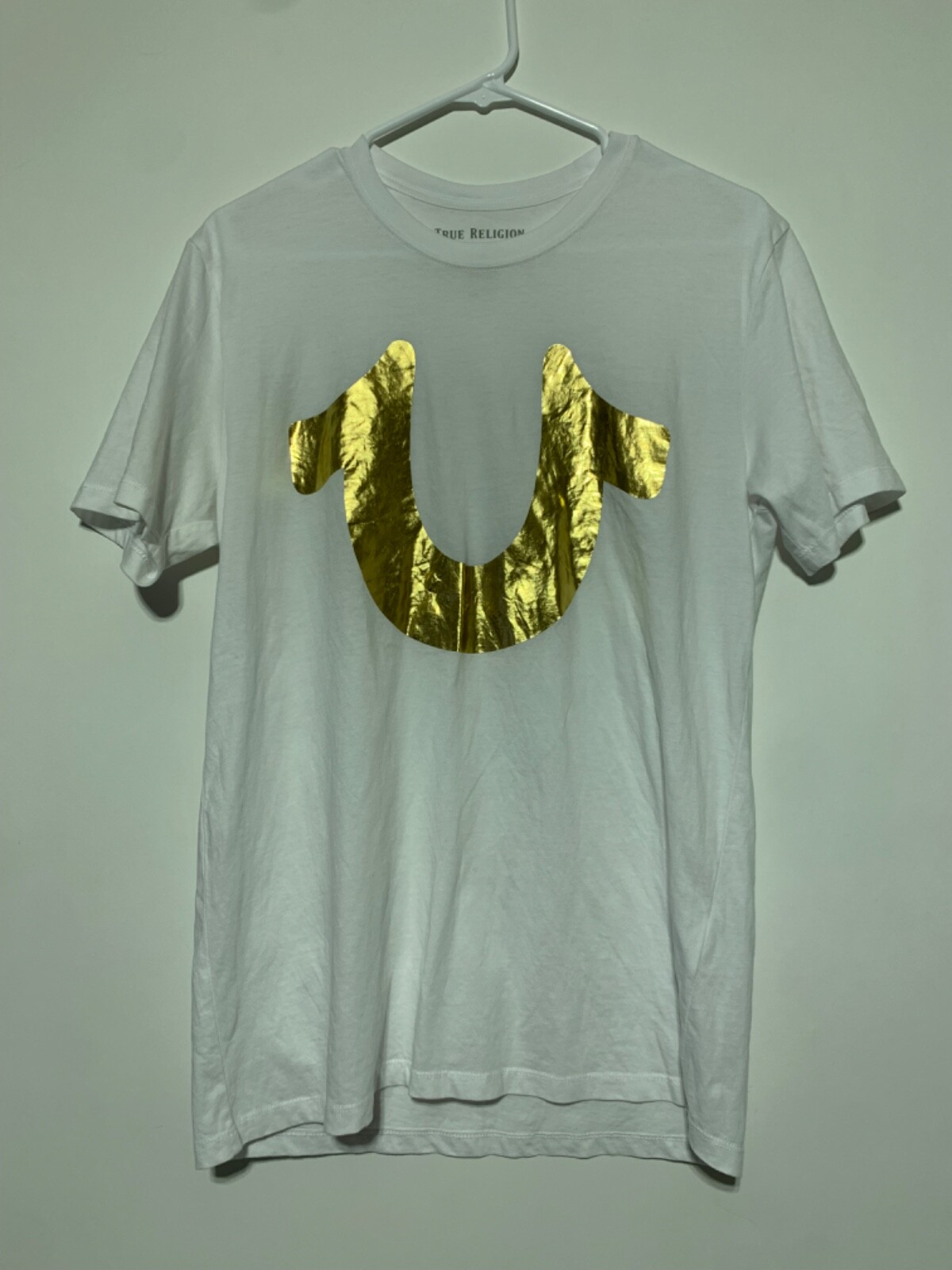 True Religion Men Size S White T Shirt Gold Horseshoe Logo Cotton Tee
