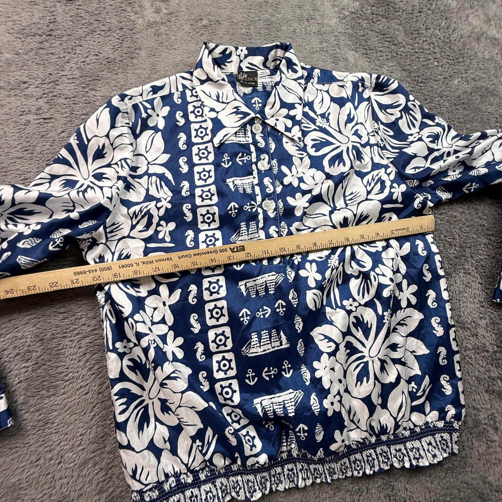 Vintage 80s Pyke Ltd Hawaiian Shirt Womens M Navy Blue Hibiscus Nautical Print gallery