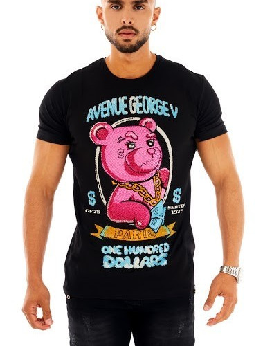 Avenue George V Paris T-Shirt Black Luxury Men’s Shirt Teddy Bear Rhinestone XL