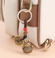 Lucky Cat Keychain, with Five Emperors Money Feng Shui Coins, Maneki Neko Good L
