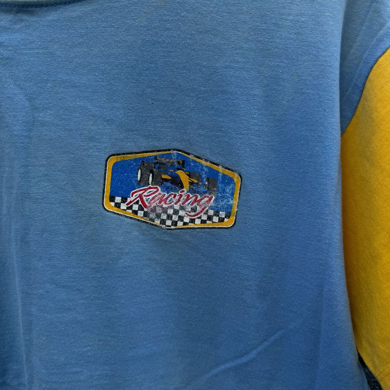 VTG Sunshine T shirt Racing Graphic Print Colorblock Blue Yellow L Short Sleeves gallery