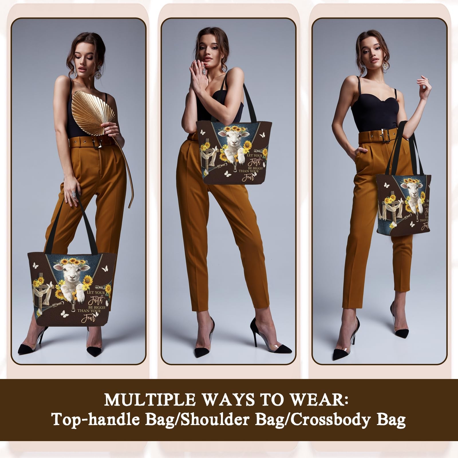 Cross Lamb Sunflower Brown Tote Bag For Women With Zipper Work Laptop Canvas ... gallery