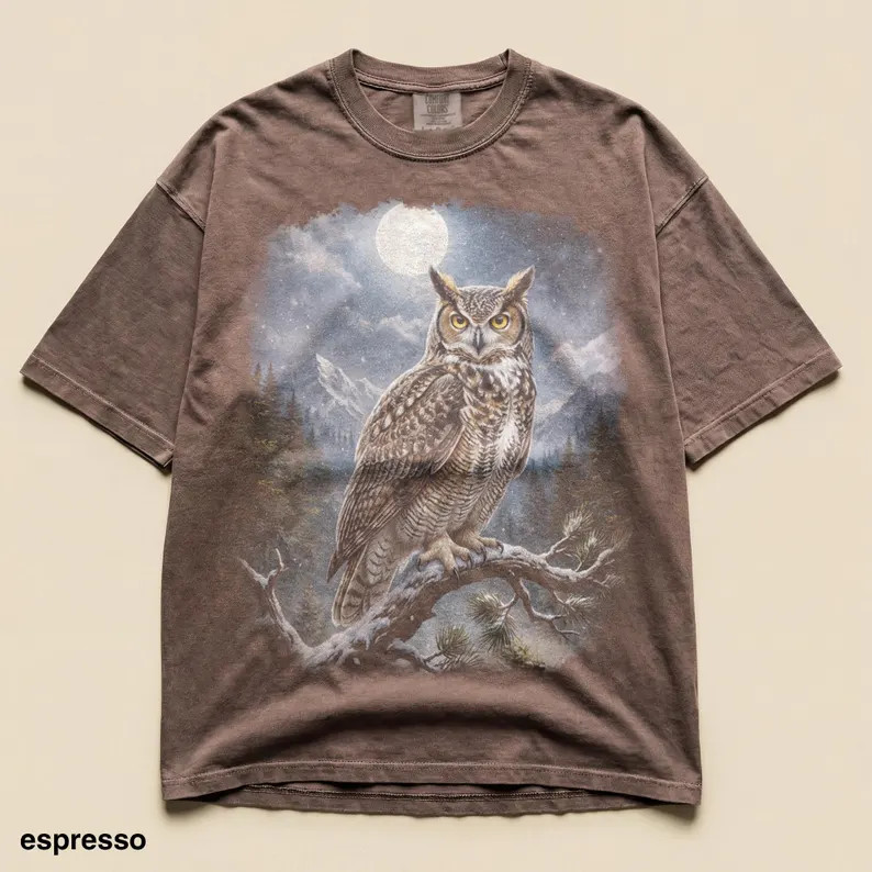 Great Horned Owl Moon Mountain Wildlife Nature Bird Comfort Tee gallery