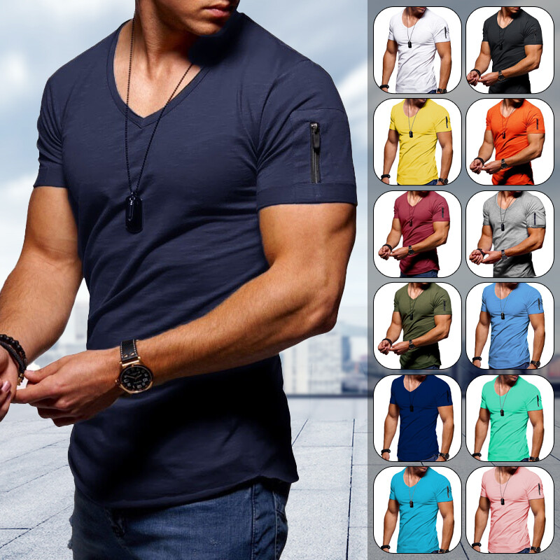 Mens Slim Fit Muscle T Shirt Tops Summer Casual V Neck Short Sleeve Blouse Tee gallery