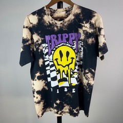 Trippy Vibes Melting Smiley Face Bleach Tie Dye Graphic T-Shirt Black Large
