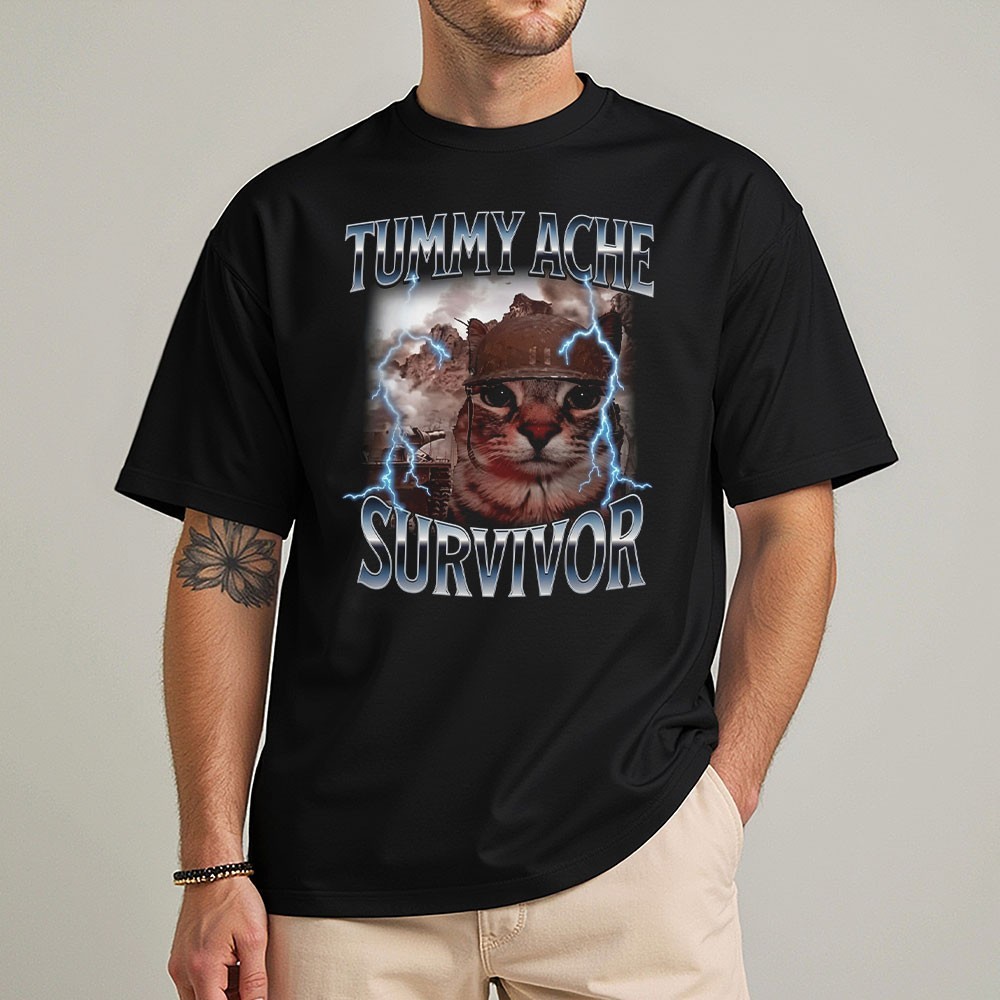 Tummy Ache Survivor T-Shirt Funny Cat Meme Soldier Graphic Vintage Heavy Metal gallery